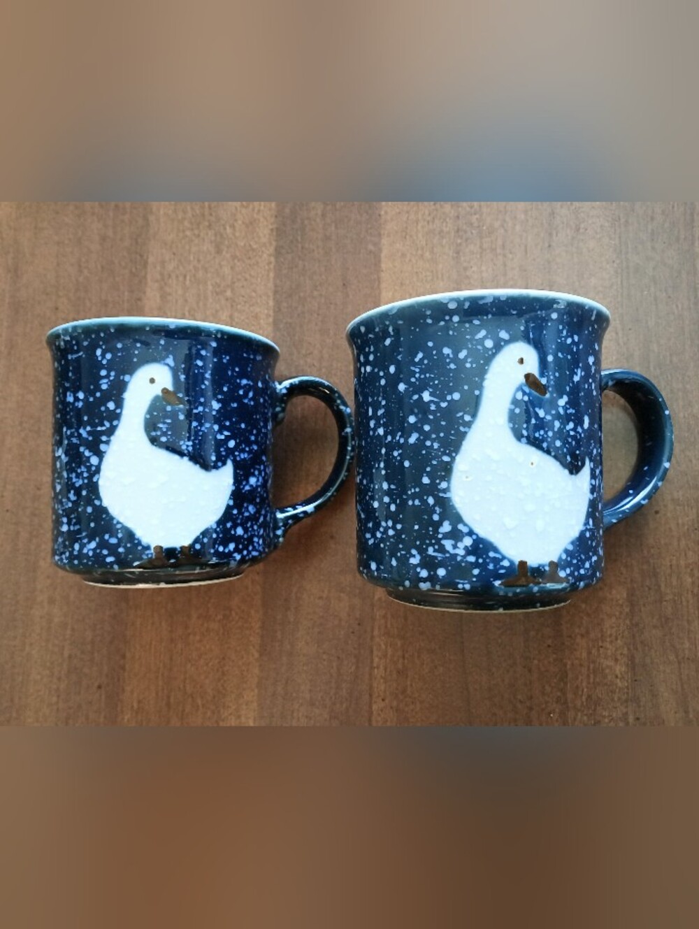 Vintage Set of Blue & White Speckled Glazed Ceramic Duck Coffee Cups